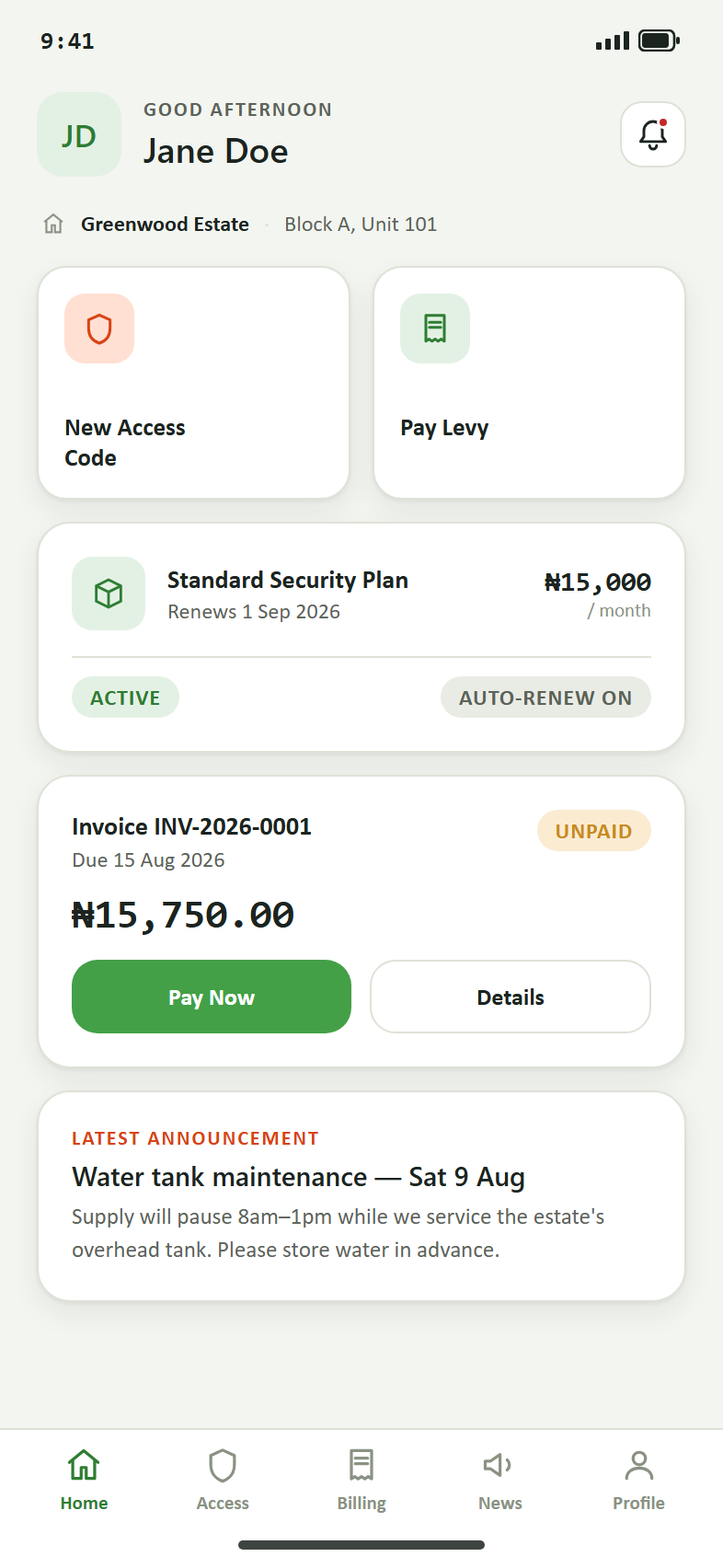 The myHood mobile app showing a resident's dashboard with dues, invoices and estate announcements